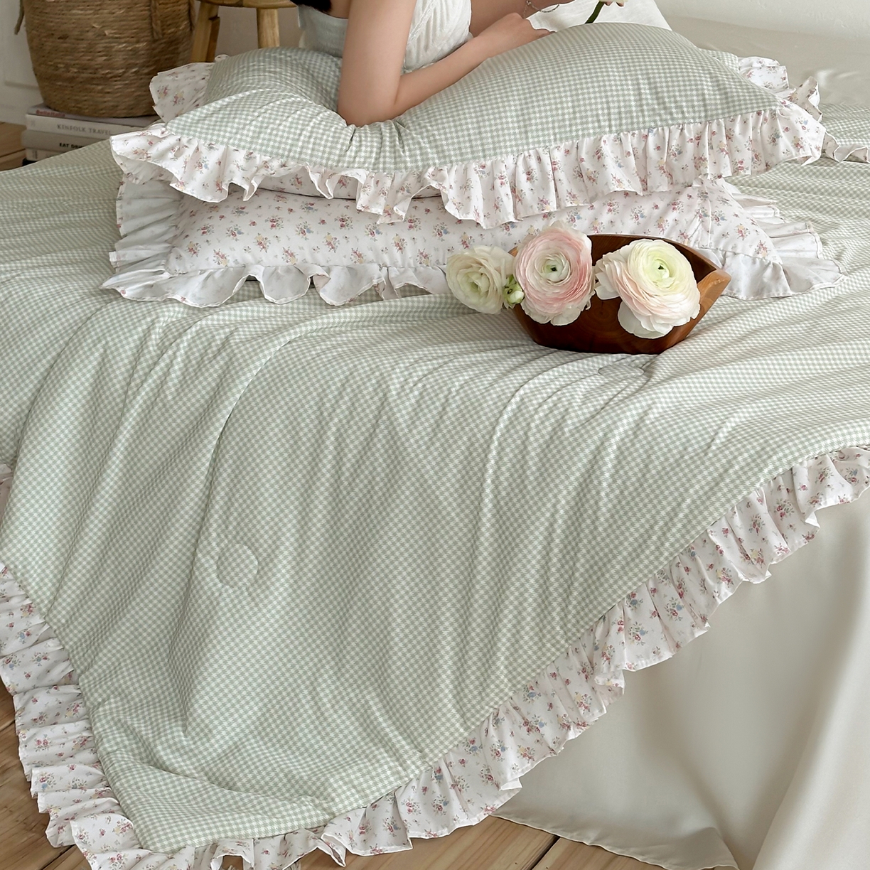 91家纺网 家纺一手货源 找家纺 RYB红黄兰 2026新款ins风夏被A类冰皮凉感夏凉被花边空调被 绿小格