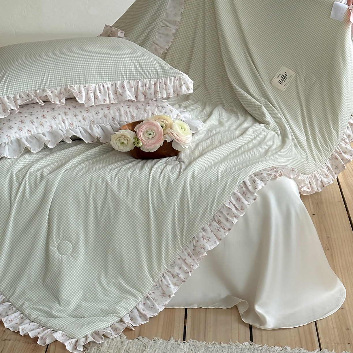 91家纺网 家纺一手货源 找家纺 RYB红黄兰 2026新款ins风夏被A类冰皮凉感夏凉被花边空调被 绿小格