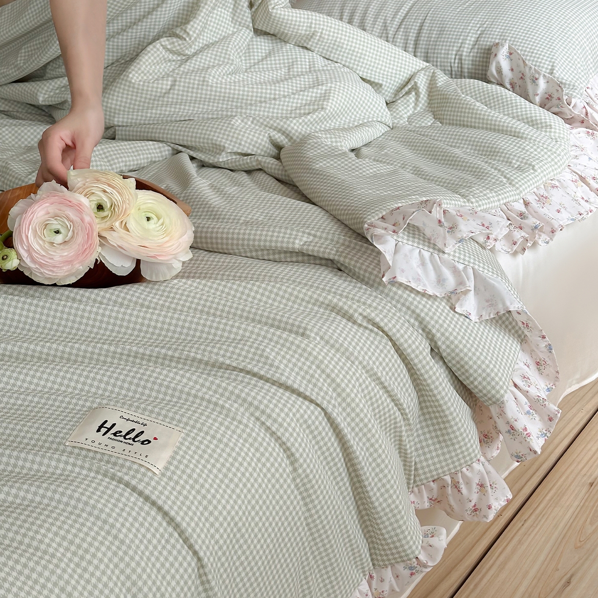 91家纺网 家纺一手货源 找家纺 RYB红黄兰 2026新款ins风夏被A类冰皮凉感夏凉被花边空调被 绿小格