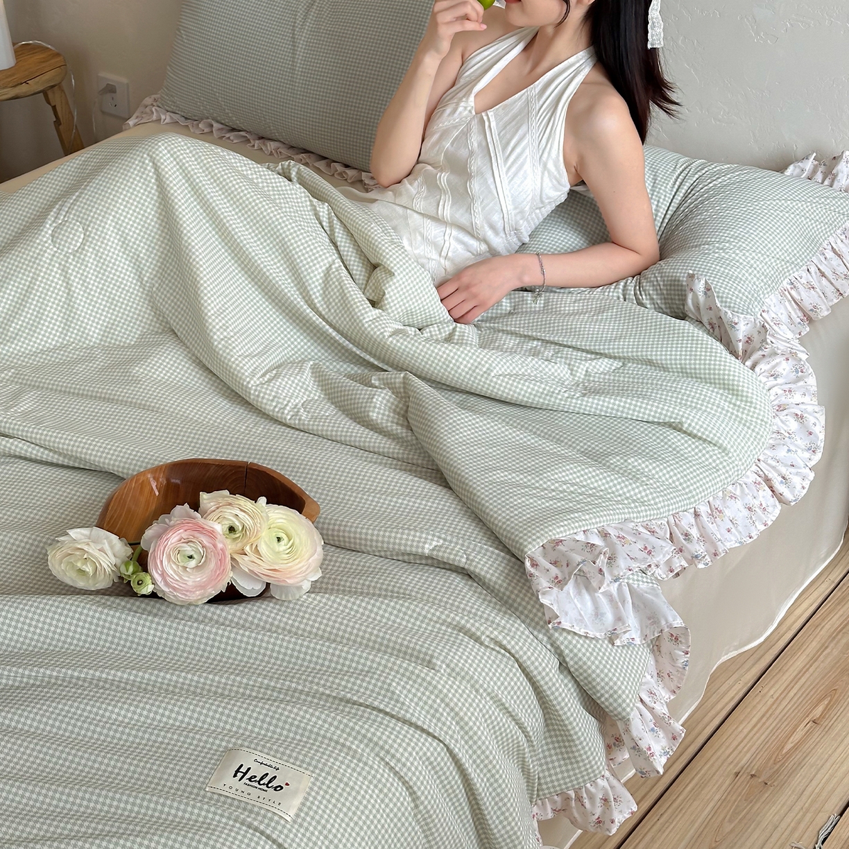 91家纺网 家纺一手货源 找家纺 RYB红黄兰 2026新款ins风夏被A类冰皮凉感夏凉被花边空调被 绿小格