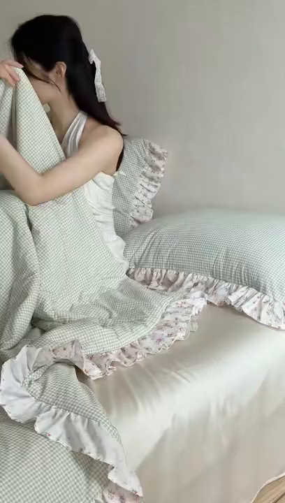 91家纺网 家纺一手货源 找家纺 RYB红黄兰 2026新款ins风夏被A类冰皮凉感夏凉被花边空调被 绿小格