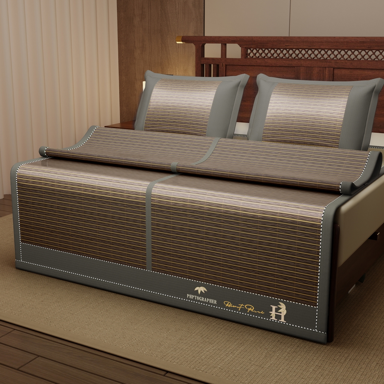 91家纺网 家纺一手货源 找家纺 宜派家纺 2026新款双面可用竹席 木纹清澜-灰