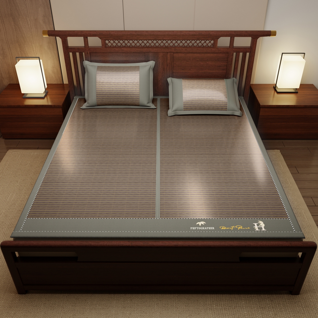 91家纺网 家纺一手货源 找家纺 宜派家纺 2026新款双面可用竹席 木纹清澜-灰