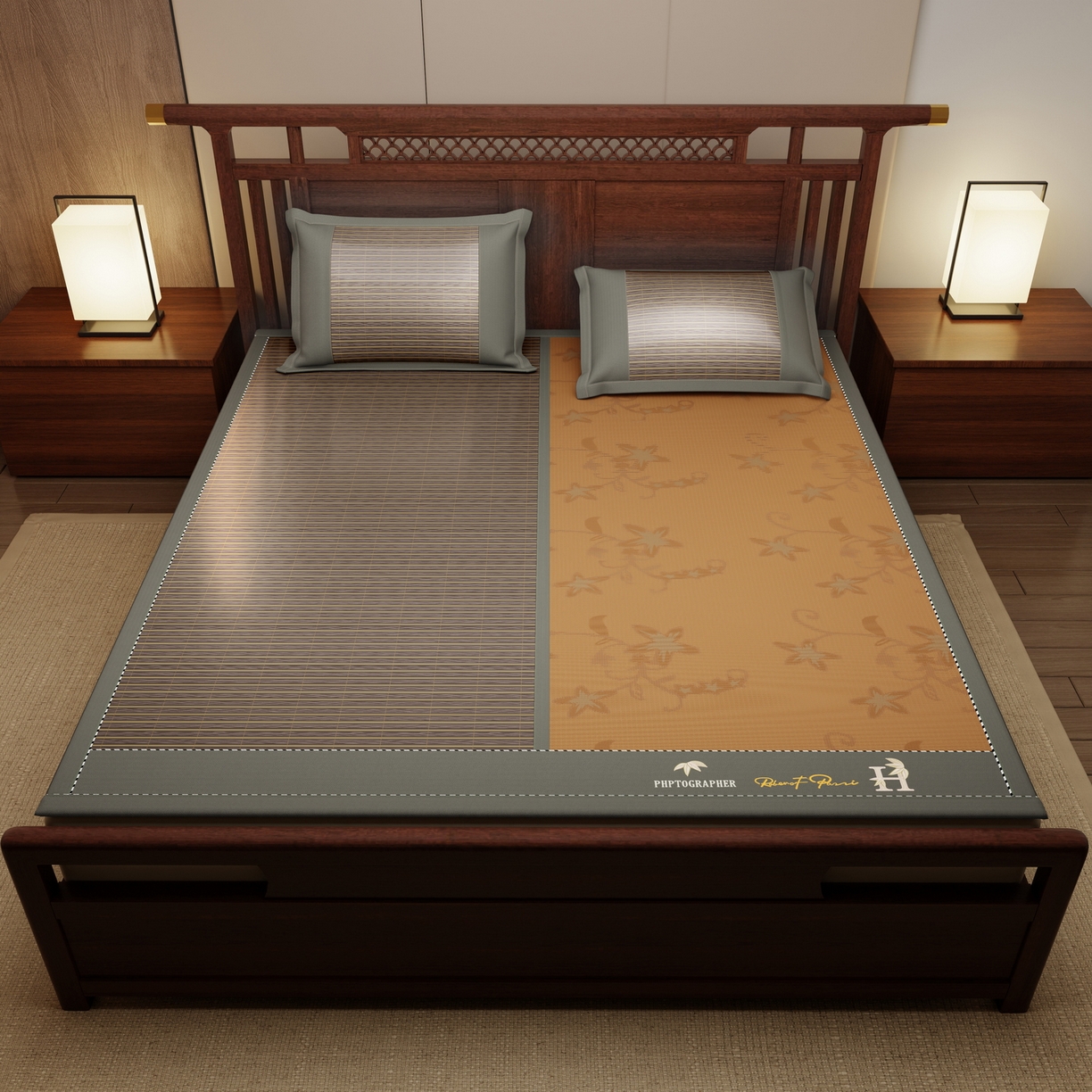 91家纺网 家纺一手货源 找家纺 宜派家纺 2026新款双面可用竹席 木纹清澜-灰