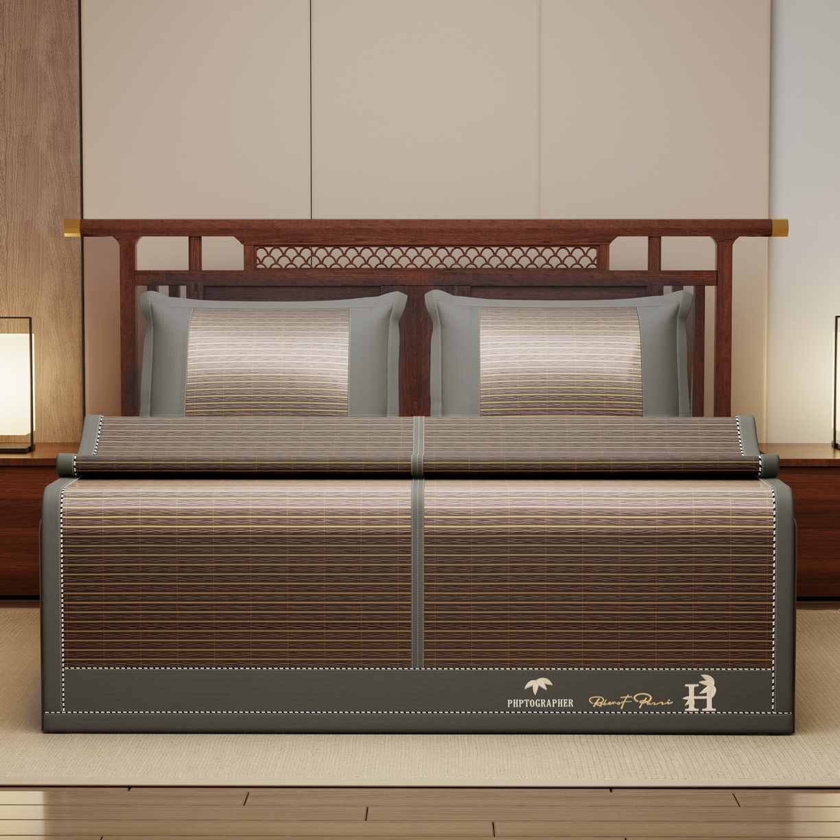 91家纺网 家纺一手货源 找家纺 宜派家纺 2026新款双面可用竹席 木纹清澜-灰