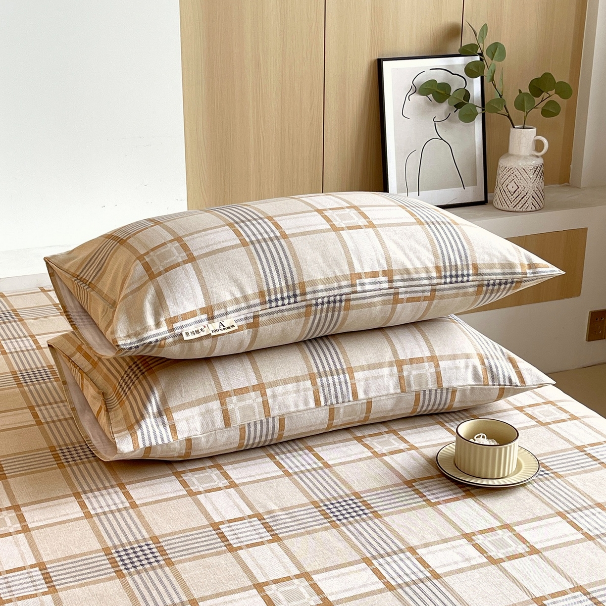 91家纺网 家纺一手货源 找家纺 春皖家纺 2026新款全棉老粗布普通款单枕套枕套单件 意境-咖