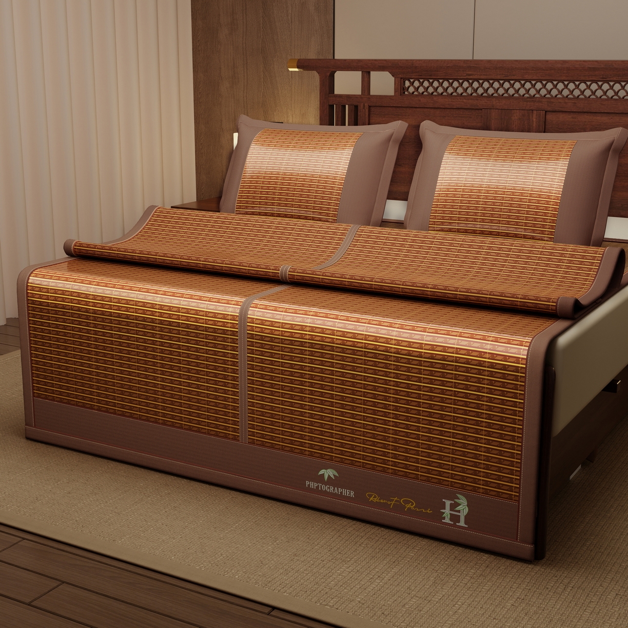 91家纺网 家纺一手货源 找家纺 宜派家纺 2026新款双面可用竹席 木纹清澜-咖