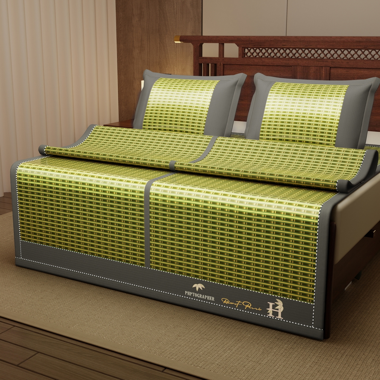 91家纺网 家纺一手货源 找家纺 宜派家纺 2026新款双面可用竹席 木纹清澜-绿