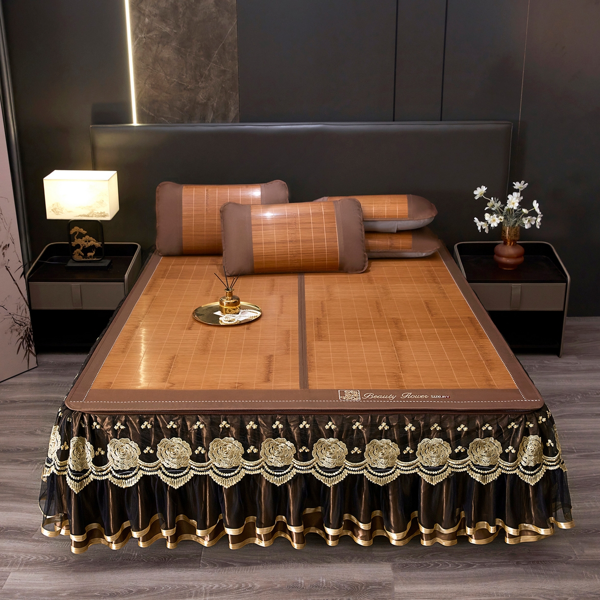 91家纺网 家纺一手货源 找家纺 罗艺轩 2025新款全棉蕾丝刺绣单床裙-小香玫瑰 小香玫瑰-豆绿