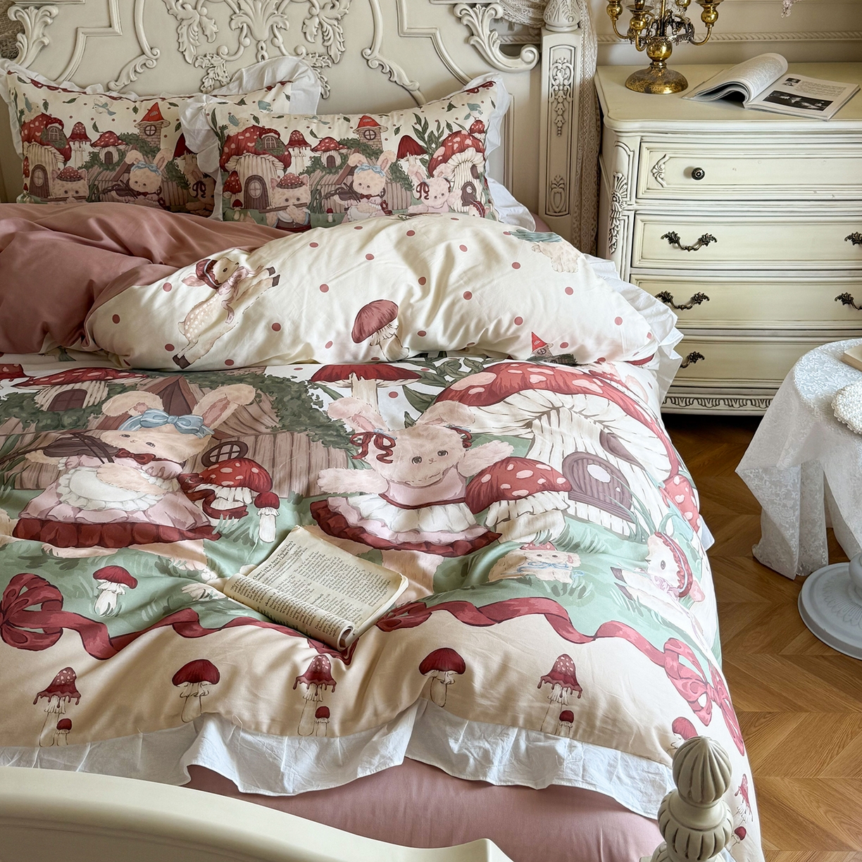 91家纺网 家纺一手货源 找家纺 桃喜 2026新款亲肤舒适洛丽塔系列四件套 森林音乐会