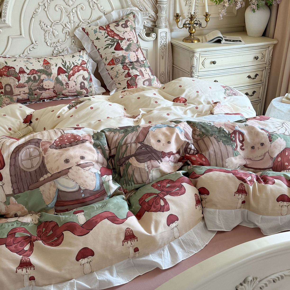 91家纺网 家纺一手货源 找家纺 桃喜 2026新款亲肤舒适洛丽塔系列四件套 森林音乐会