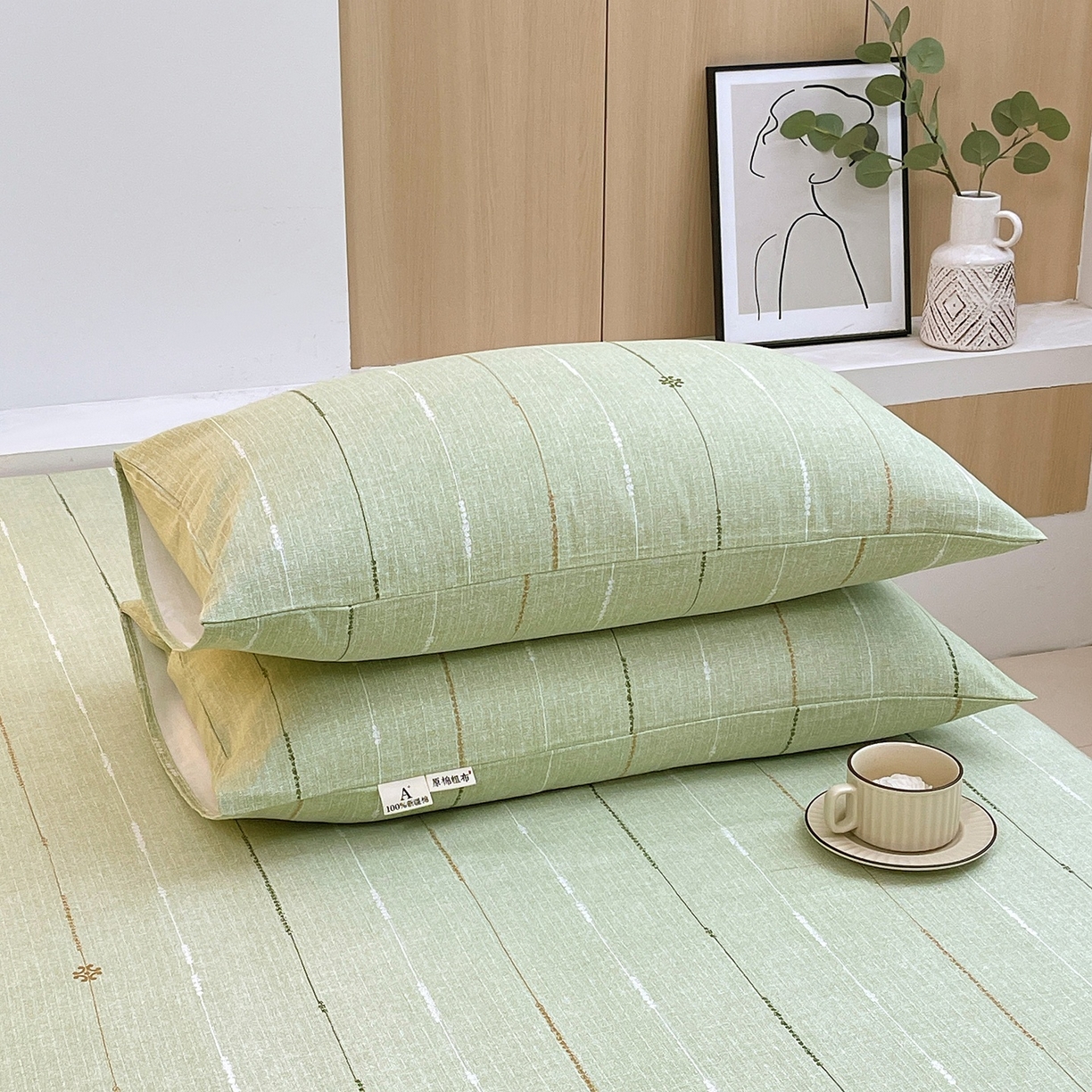 91家纺网 家纺一手货源 找家纺 春皖家纺 2026新款全棉老粗布普通款单枕套枕套单件 自然-绿