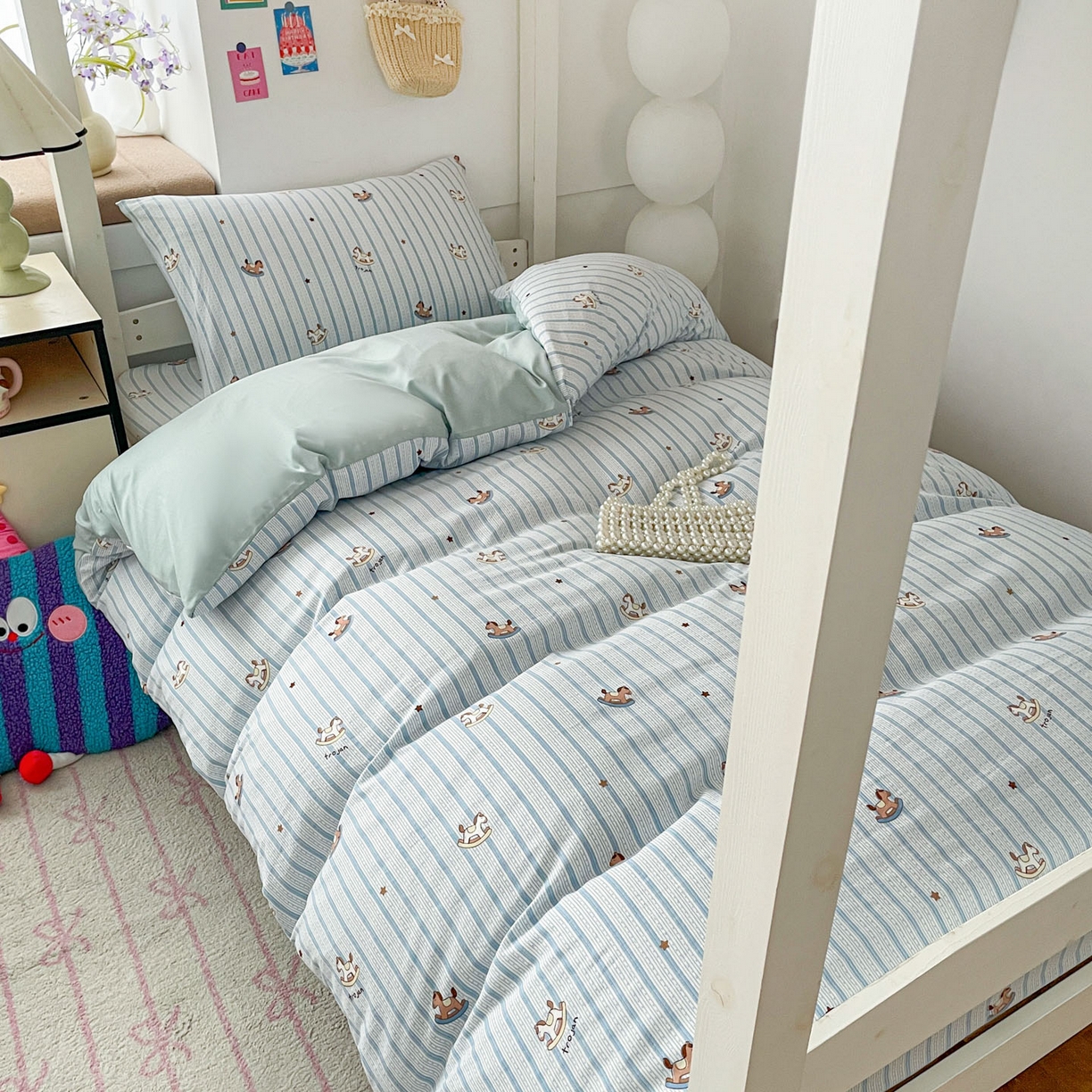 纽缦家纺 2026新款A类水洗棉学生套件系列 蓝纹木马星