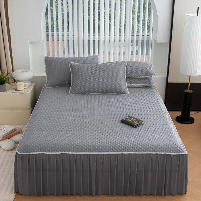 91家纺网 家纺一手货源 找家纺 （总）默忆 2026新款3DA类直播网红热款凉感丝冰豆豆三明治复合床裙款凉席三件套