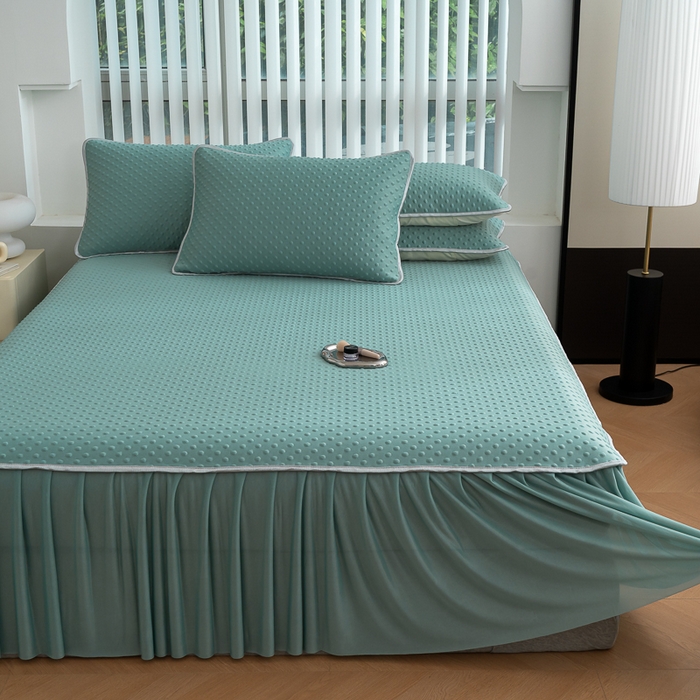 91家纺网 家纺一手货源 找家纺 （总）默忆 2026新款3DA类直播网红热款凉感丝冰豆豆三明治复合床裙款凉席三件套