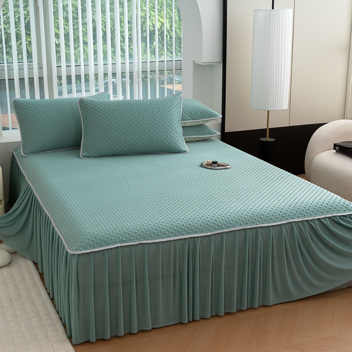 91家纺网 家纺一手货源 找家纺 （总）默忆 2026新款3DA类直播网红热款凉感丝冰豆豆三明治复合床裙款凉席三件套