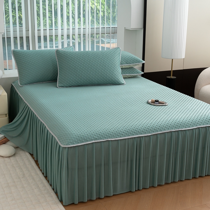 91家纺网 家纺一手货源 找家纺 （总）默忆 2026新款3DA类直播网红热款凉感丝冰豆豆三明治复合床裙款凉席三件套