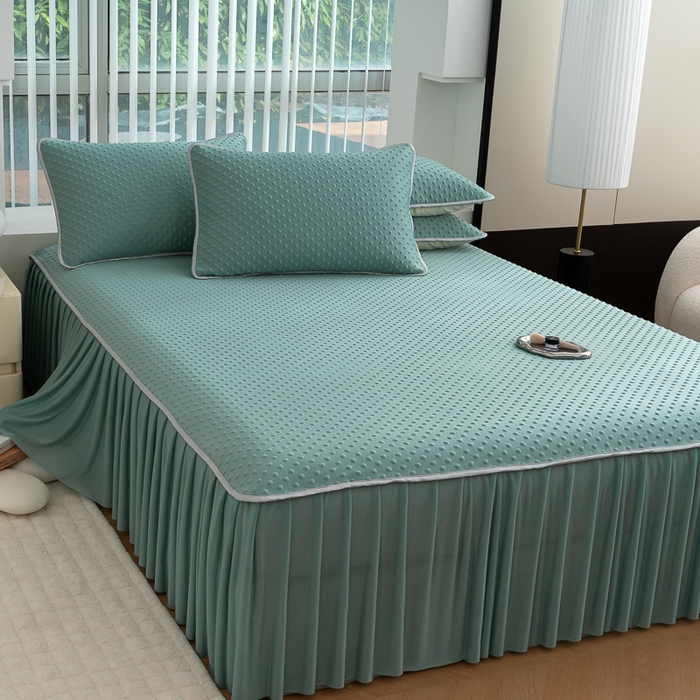 91家纺网 家纺一手货源 找家纺 （总）默忆 2026新款3DA类直播网红热款凉感丝冰豆豆三明治复合床裙款凉席三件套