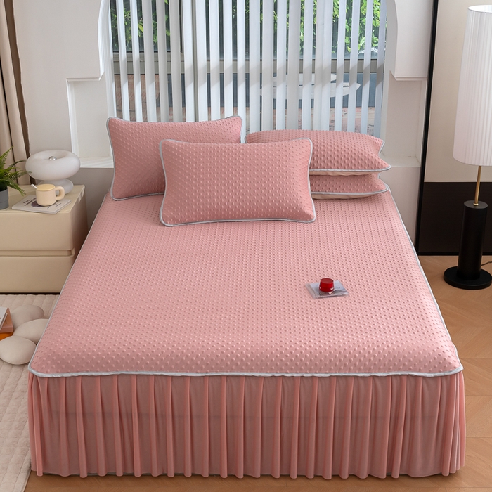 91家纺网 家纺一手货源 找家纺 （总）默忆 2026新款3DA类直播网红热款凉感丝冰豆豆三明治复合床裙款凉席三件套