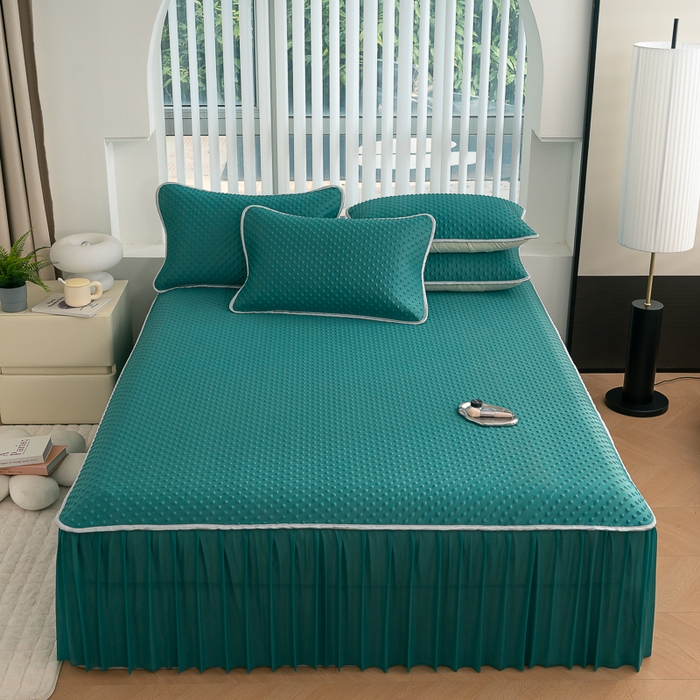 91家纺网 家纺一手货源 找家纺 （总）默忆 2026新款3DA类直播网红热款凉感丝冰豆豆三明治复合床裙款凉席三件套