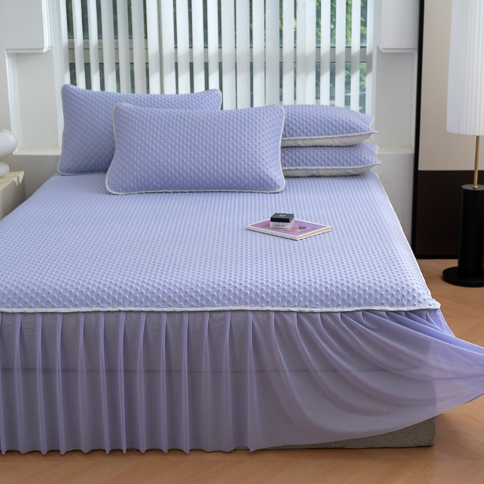 91家纺网 家纺一手货源 找家纺 默忆 2026新款3DA类直播网红热款凉感丝冰豆豆三明治复合床裙款凉席三件套 熏衣紫