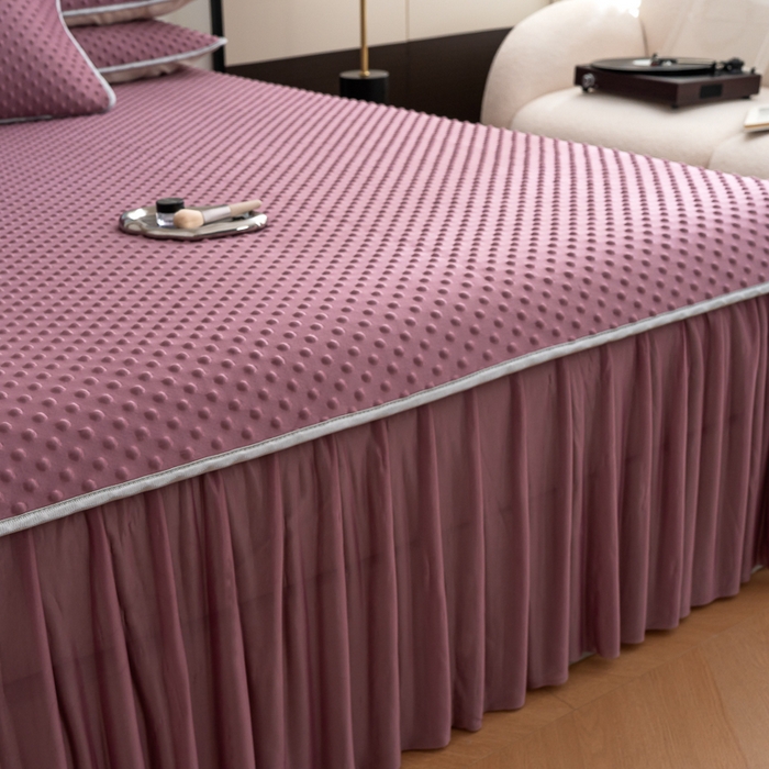 91家纺网 家纺一手货源 找家纺 默忆 2026新款3DA类直播网红热款凉感丝冰豆豆三明治复合床裙款凉席三件套 香芋紫