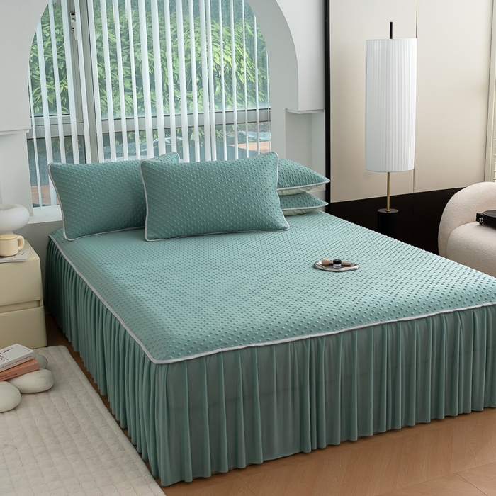 91家纺网 家纺一手货源 找家纺 默忆 2026新款3DA类直播网红热款凉感丝冰豆豆三明治复合床裙款凉席三件套 果绿