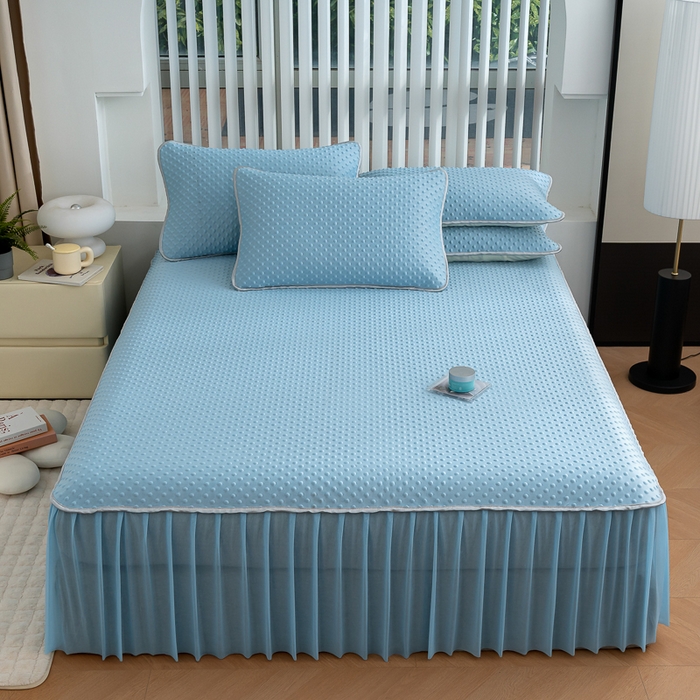 默忆 2026新款3DA类直播网红热款凉感丝冰豆豆三明治复合床裙款凉席三件套 天空蓝