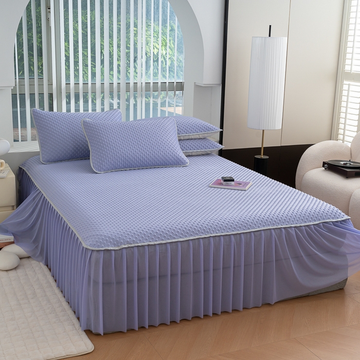 91家纺网 家纺一手货源 找家纺 默忆 2026新款3DA类直播网红热款凉感丝冰豆豆三明治复合床裙款凉席三件套 熏衣紫