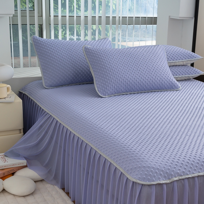 91家纺网 家纺一手货源 找家纺 默忆 2026新款3DA类直播网红热款凉感丝冰豆豆三明治复合床裙款凉席三件套 熏衣紫