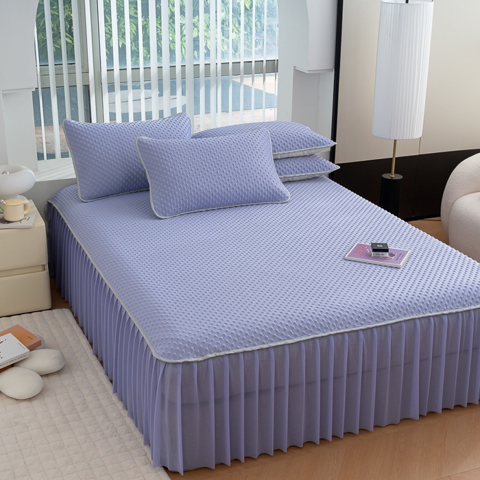 91家纺网 家纺一手货源 找家纺 默忆 2026新款3DA类直播网红热款凉感丝冰豆豆三明治复合床裙款凉席三件套 熏衣紫