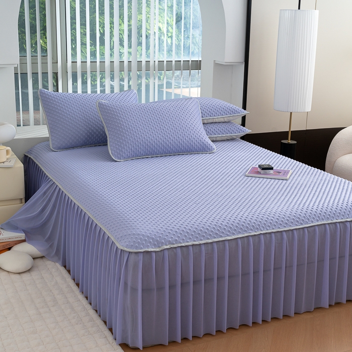 91家纺网 家纺一手货源 找家纺 默忆 2026新款3DA类直播网红热款凉感丝冰豆豆三明治复合床裙款凉席三件套 熏衣紫