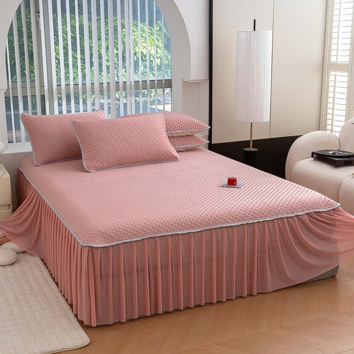 91家纺网 家纺一手货源 找家纺 默忆 2026新款3DA类直播网红热款凉感丝冰豆豆三明治复合床裙款凉席三件套 时尚粉