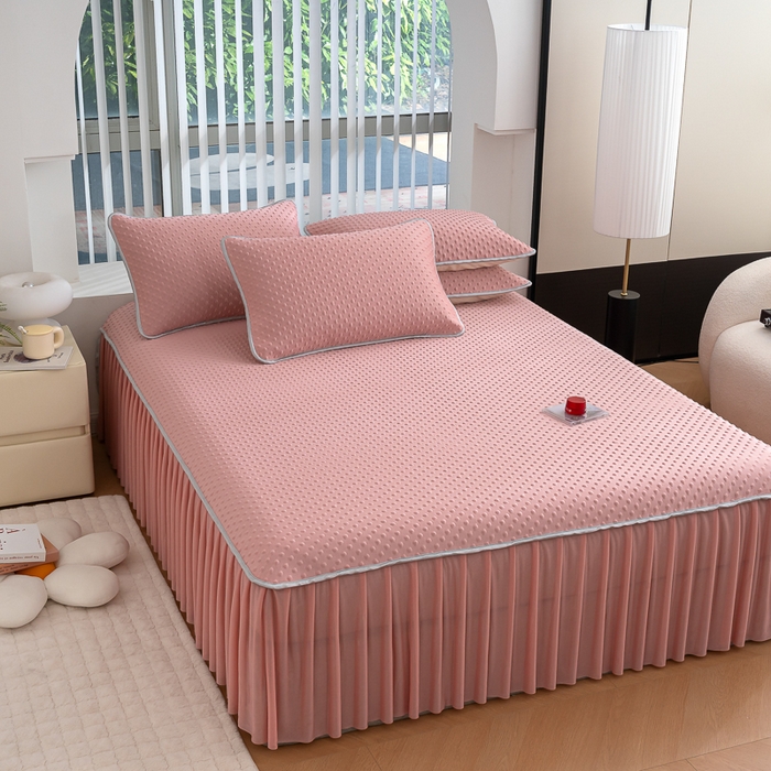 91家纺网 家纺一手货源 找家纺 默忆 2026新款3DA类直播网红热款凉感丝冰豆豆三明治复合床裙款凉席三件套 时尚粉