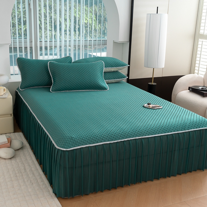 91家纺网 家纺一手货源 找家纺 默忆 2026新款3DA类直播网红热款凉感丝冰豆豆三明治复合床裙款凉席三件套 墨绿