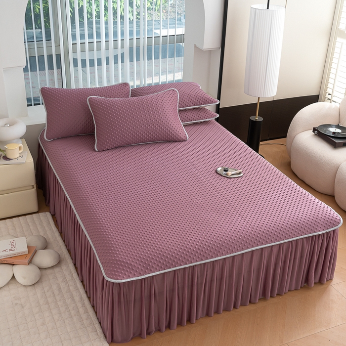 91家纺网 家纺一手货源 找家纺 默忆 2026新款3DA类直播网红热款凉感丝冰豆豆三明治复合床裙款凉席三件套 香芋紫