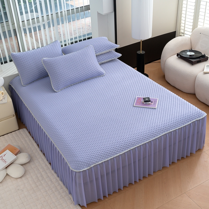 91家纺网 家纺一手货源 找家纺 默忆 2026新款3DA类直播网红热款凉感丝冰豆豆三明治复合床裙款凉席三件套 熏衣紫