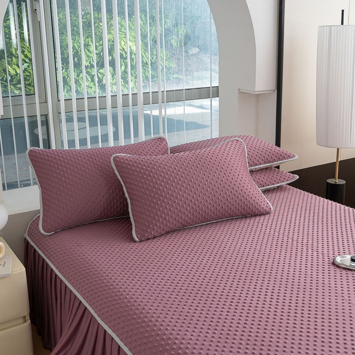 91家纺网 家纺一手货源 找家纺 默忆 2026新款3DA类直播网红热款凉感丝冰豆豆三明治复合床裙款凉席三件套 香芋紫