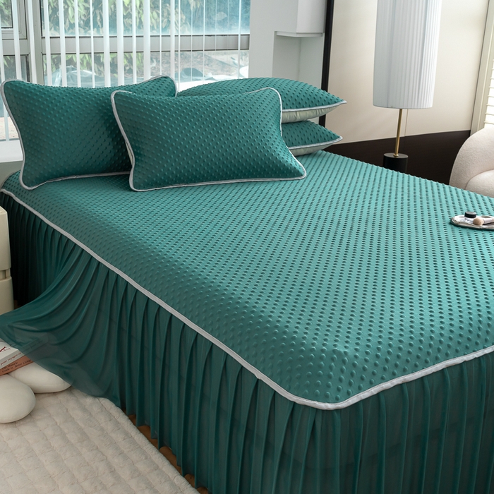 91家纺网 家纺一手货源 找家纺 默忆 2026新款3DA类直播网红热款凉感丝冰豆豆三明治复合床裙款凉席三件套 墨绿