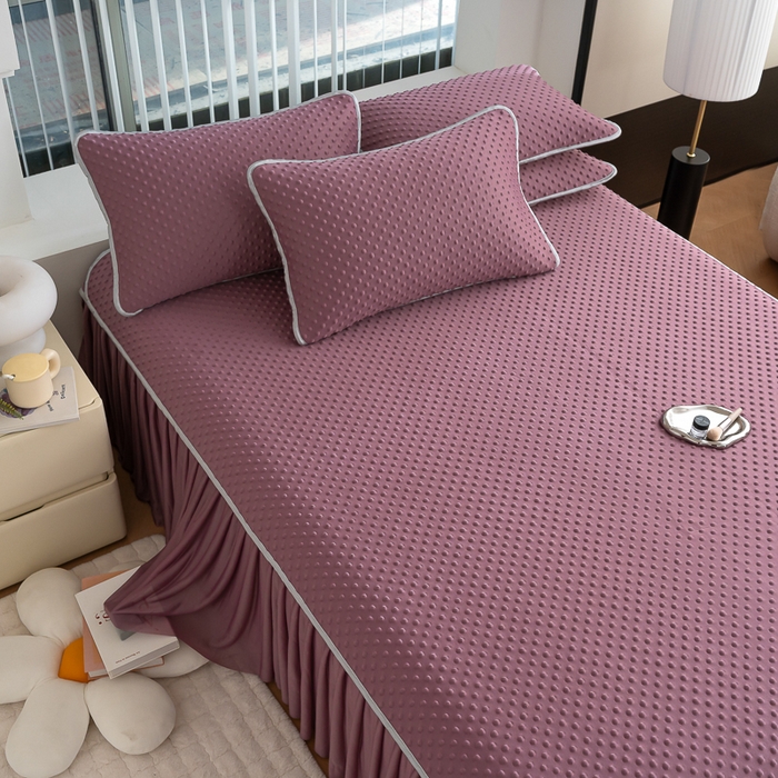 91家纺网 家纺一手货源 找家纺 默忆 2026新款3DA类直播网红热款凉感丝冰豆豆三明治复合床裙款凉席三件套 香芋紫