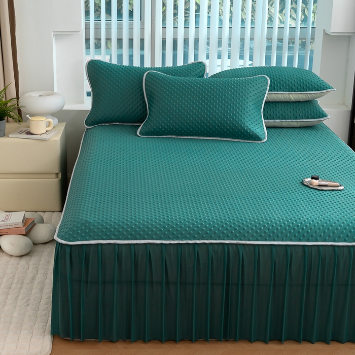 91家纺网 家纺一手货源 找家纺 默忆 2026新款3DA类直播网红热款凉感丝冰豆豆三明治复合床裙款凉席三件套 墨绿