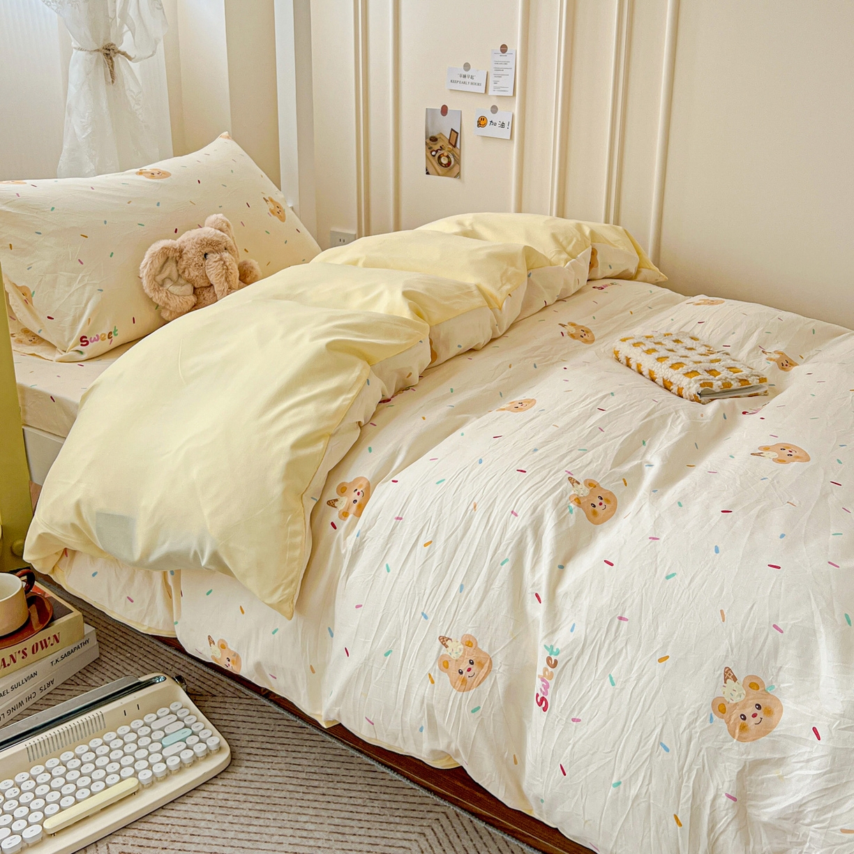 91家纺网 家纺一手货源 找家纺 纽缦家纺 2026新款A类水洗棉学生套件系列 小熊冰淇淋