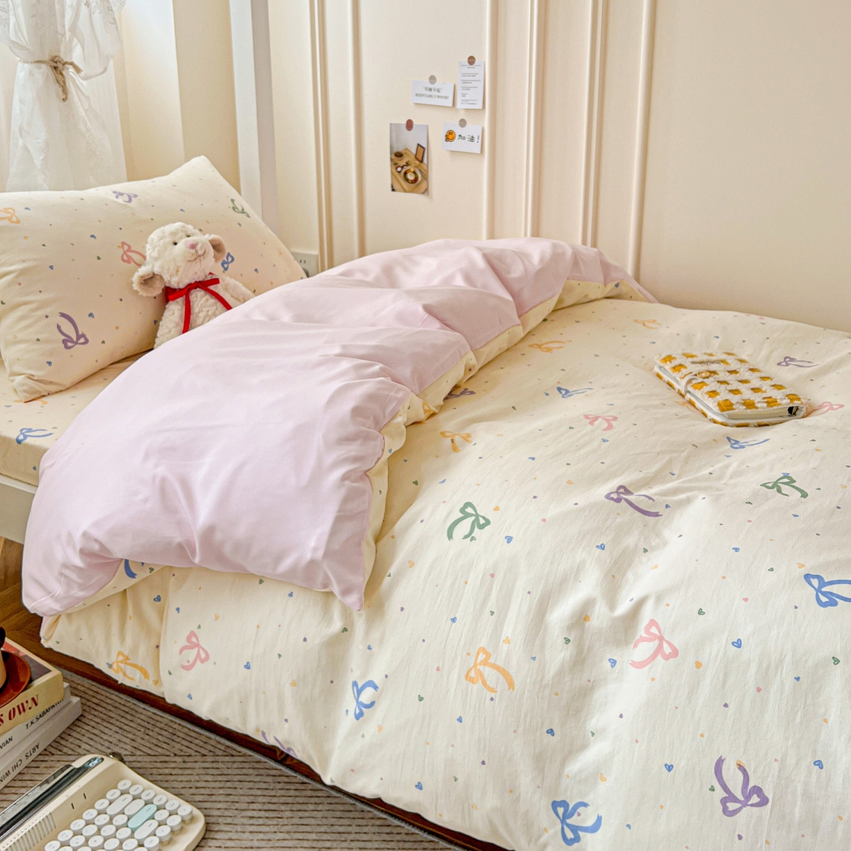 91家纺网 家纺一手货源 找家纺 纽缦家纺 2026新款A类水洗棉学生套件系列 星梦蝶结