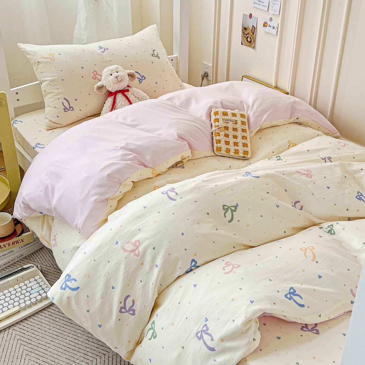 91家纺网 家纺一手货源 找家纺 纽缦家纺 2026新款A类水洗棉学生套件系列 星梦蝶结