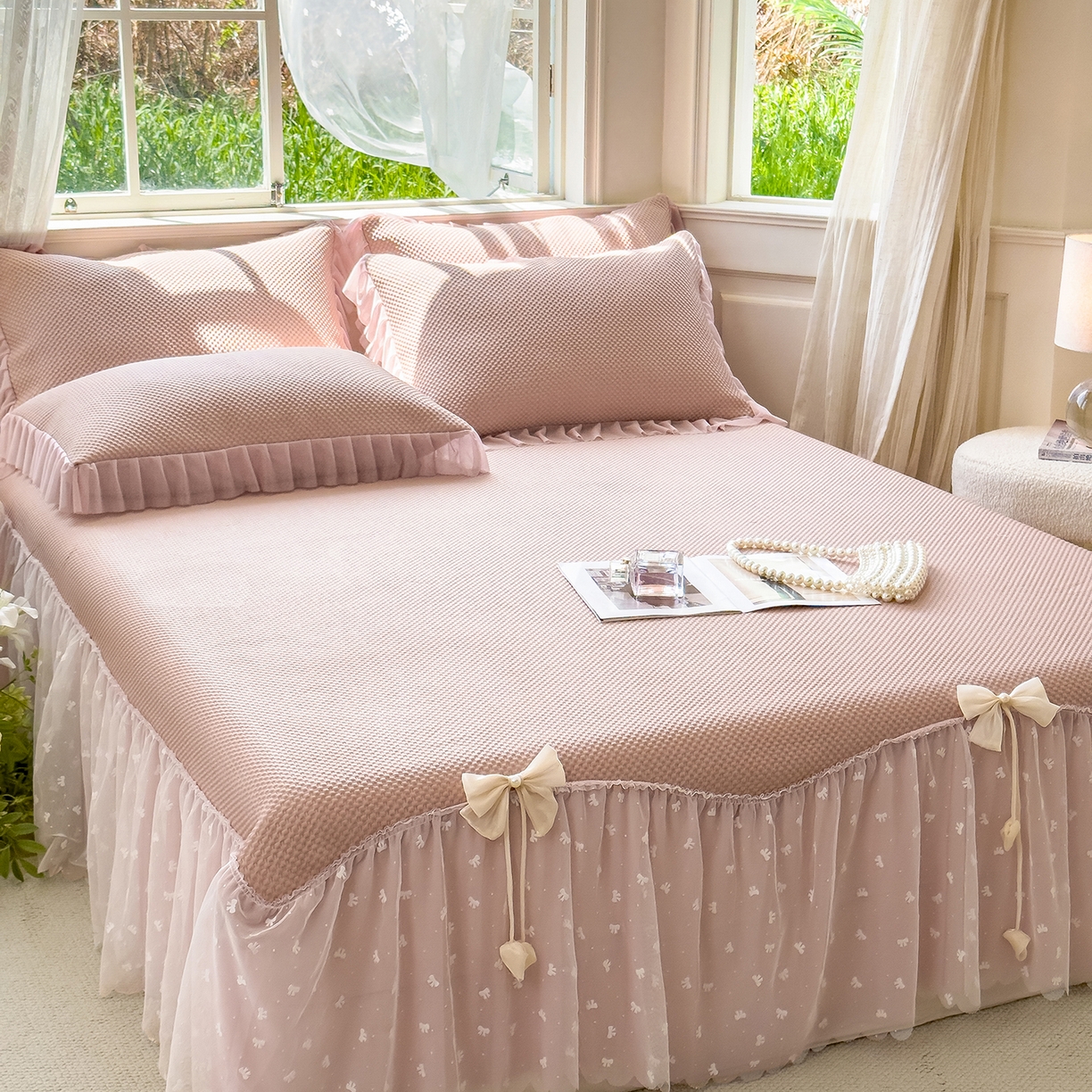 恋尚羽家纺 2026新款高分子PE凉泡泡大床裙凉感席波浪冰豆豆凉席席子三件套-小欢喜系列 小欢喜-豆沙