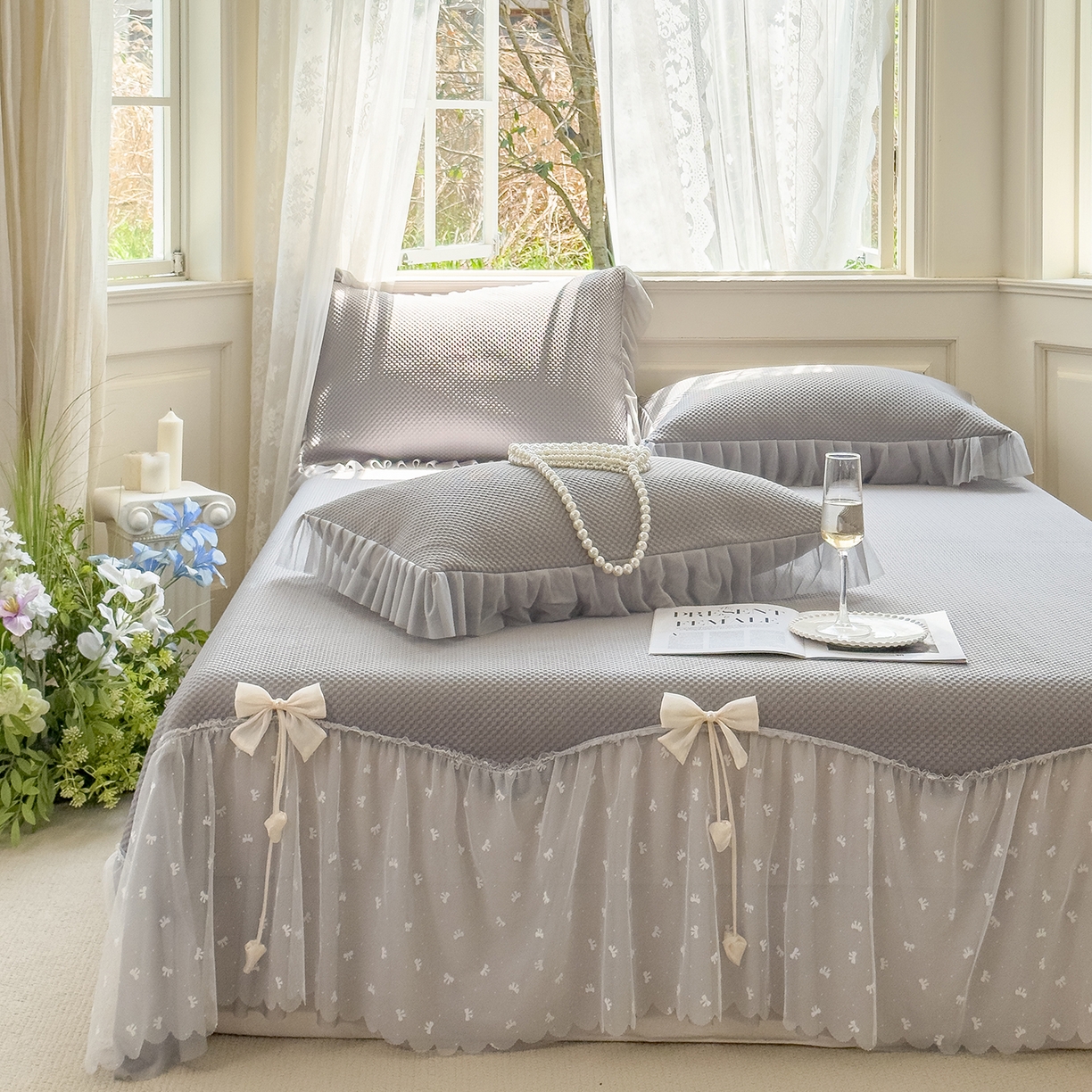 91家纺网 家纺一手货源 找家纺 恋尚羽家纺 2026新款高分子PE凉泡泡大床裙凉感席波浪冰豆豆凉席席子三件套-小欢喜系列 小欢喜-灰色