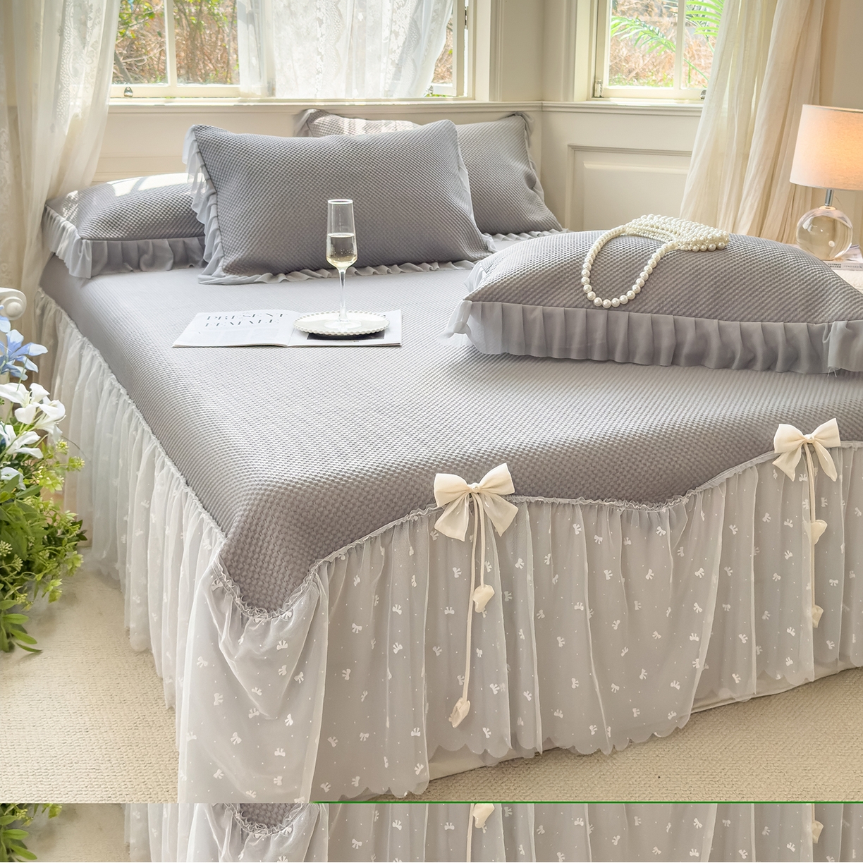 91家纺网 家纺一手货源 找家纺 恋尚羽家纺 2026新款高分子PE凉泡泡大床裙凉感席波浪冰豆豆凉席席子三件套-小欢喜系列 小欢喜-灰色