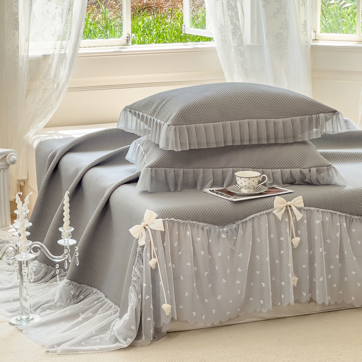 91家纺网 家纺一手货源 找家纺 恋尚羽家纺 2026新款高分子PE凉泡泡大床裙凉感席波浪冰豆豆凉席席子三件套-小欢喜系列 小欢喜-灰色