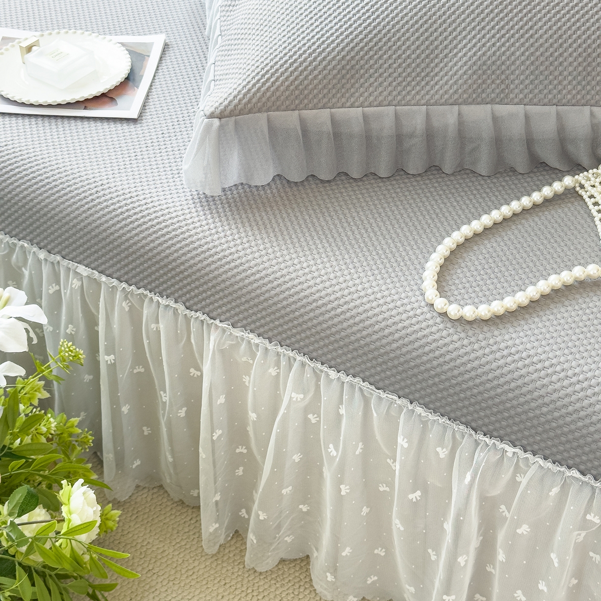 91家纺网 家纺一手货源 找家纺 恋尚羽家纺 2026新款高分子PE凉泡泡大床裙凉感席波浪冰豆豆凉席席子三件套-小欢喜系列 小欢喜-灰色