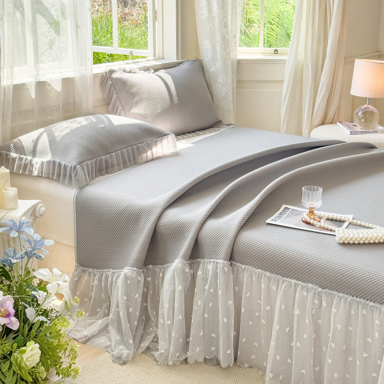 91家纺网 家纺一手货源 找家纺 恋尚羽家纺 2026新款高分子PE凉泡泡大床裙凉感席波浪冰豆豆凉席席子三件套-小欢喜系列 小欢喜-灰色